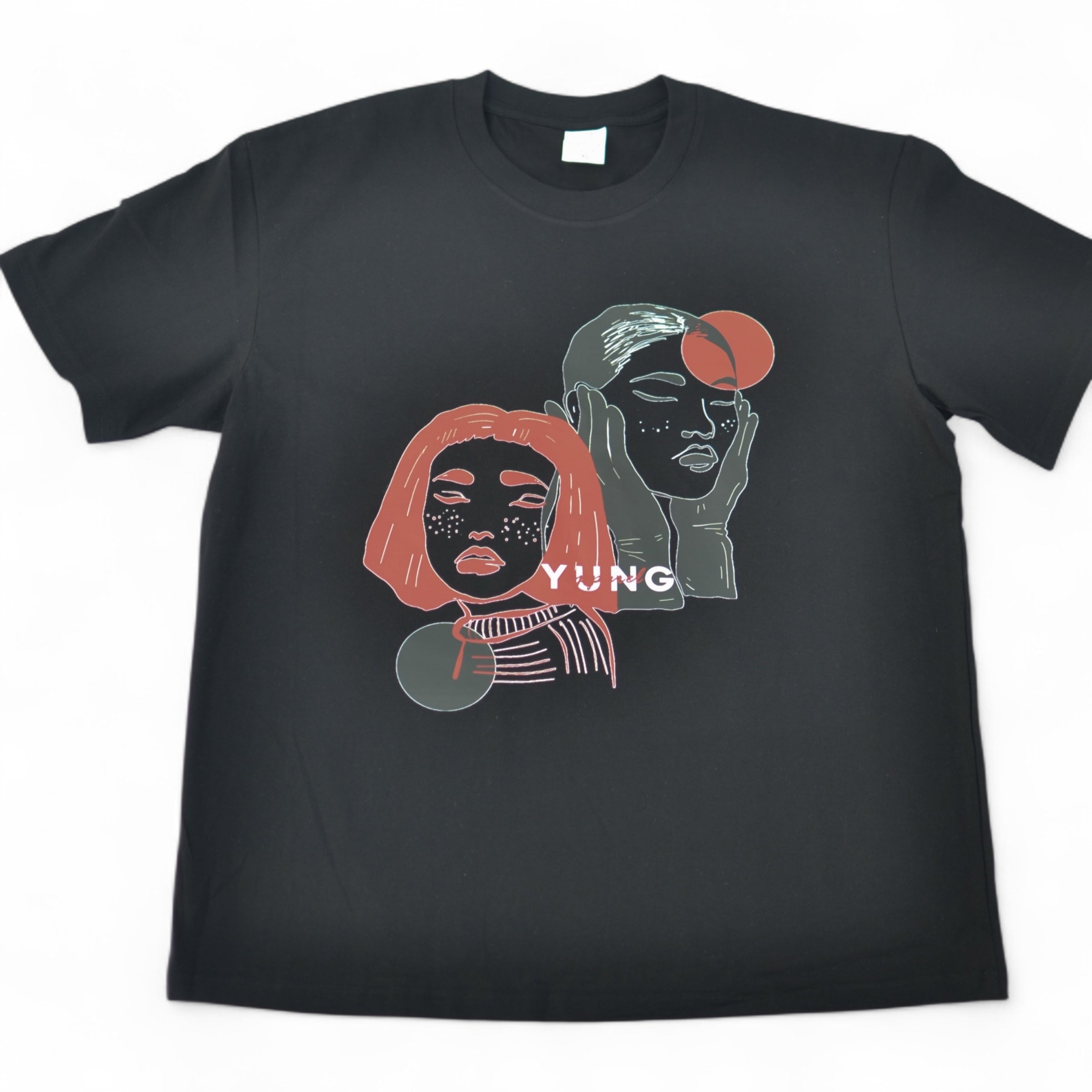 Black t-shirt with graphic design of two faces and the word 'YUNG' on a white background
Streetwear South Africa