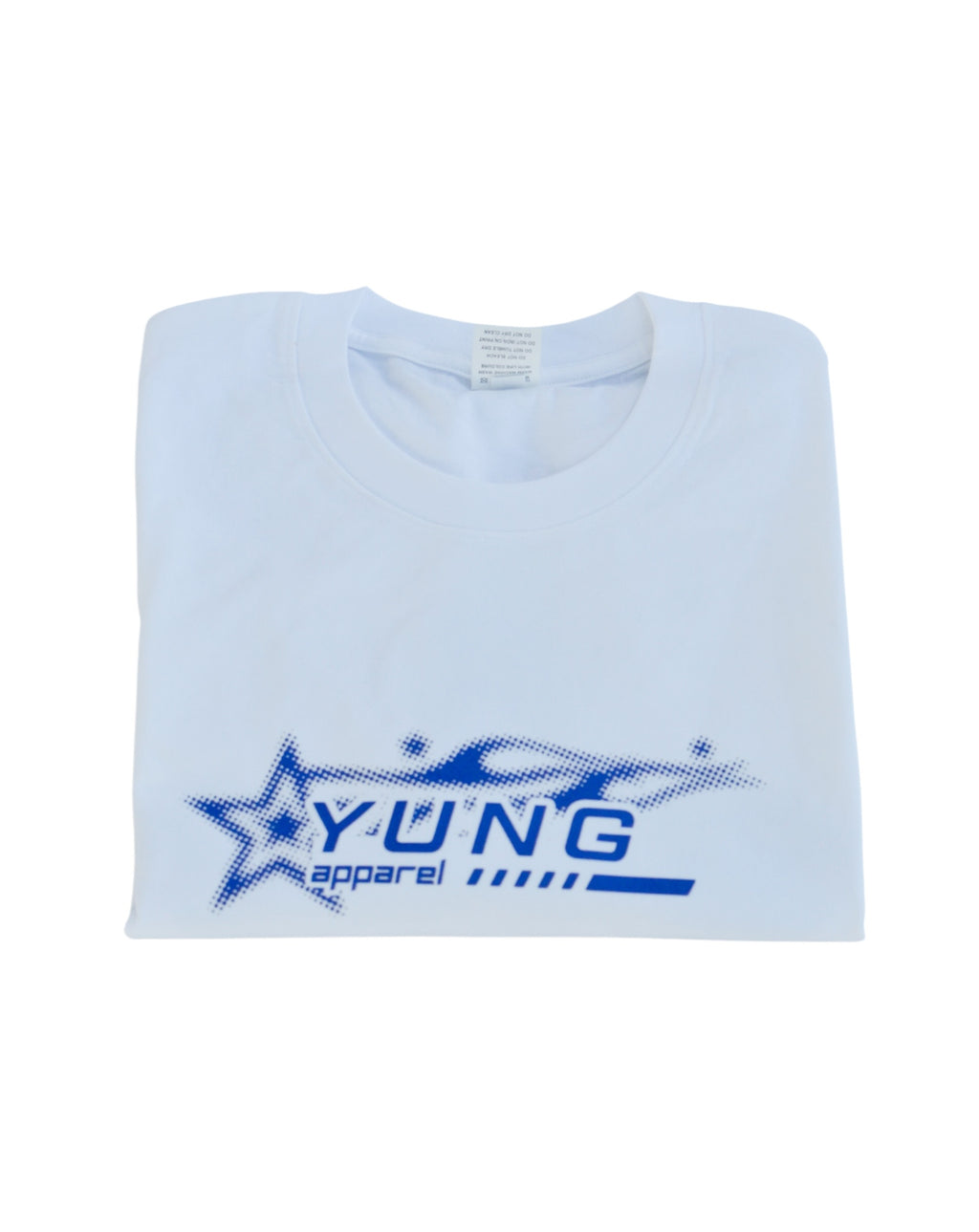 Folded YUNG white t-shirt with blue 'YUNG Apparel' logo in front chest on a white background
Streetwear South Africa