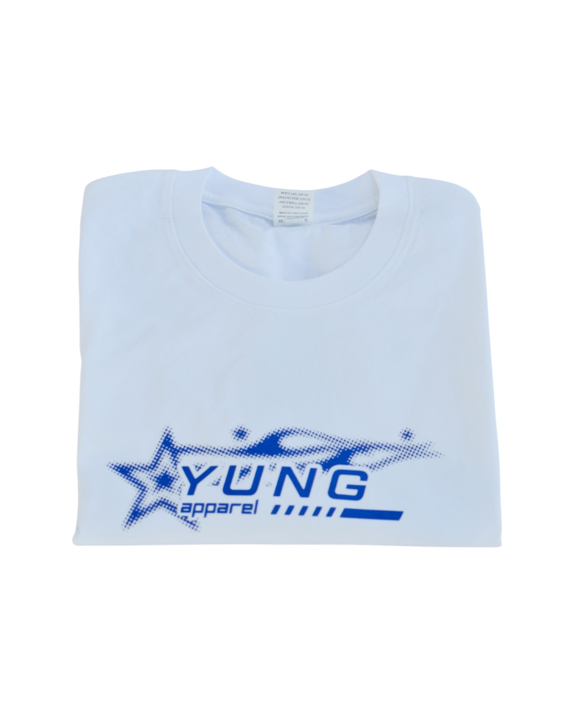 Folded YUNG white t-shirt with blue 'YUNG Apparel' logo in front chest on a white background
Streetwear South Africa