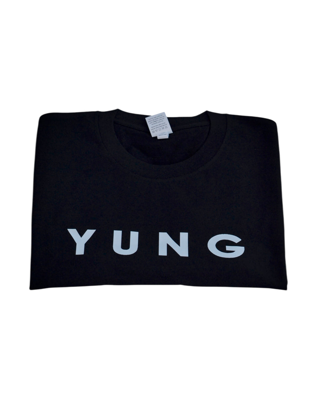 Black t-shirt with 'YUNG' printed on it, folded and displayed against a white background
Streetwear South Africa
