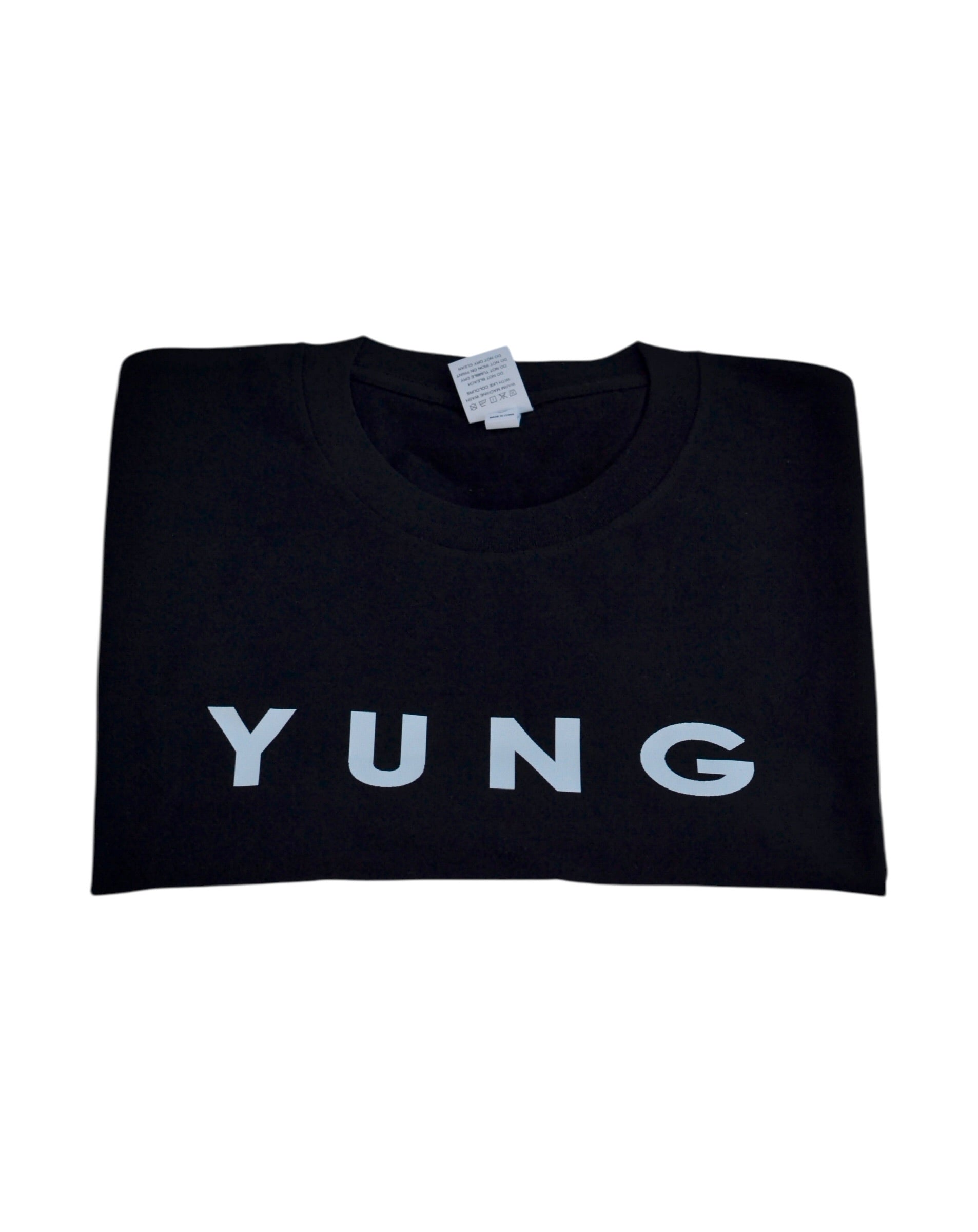 Black t-shirt with 'YUNG' printed on it, folded and displayed against a white background
Streetwear South Africa