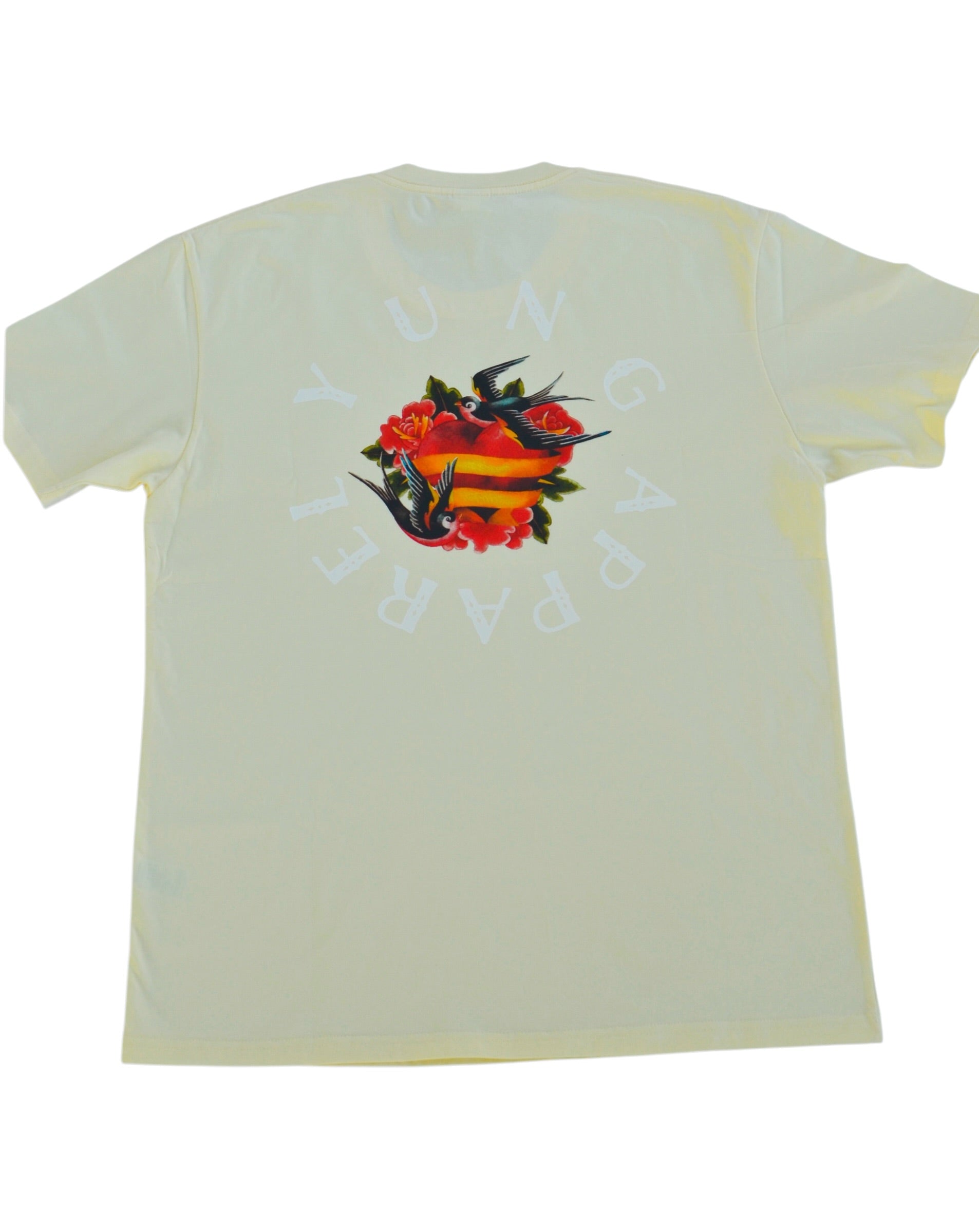 YUNG Love Birds cream white t-shirt with a colorful graphic design on the back against a white background
Streetwear South Africa