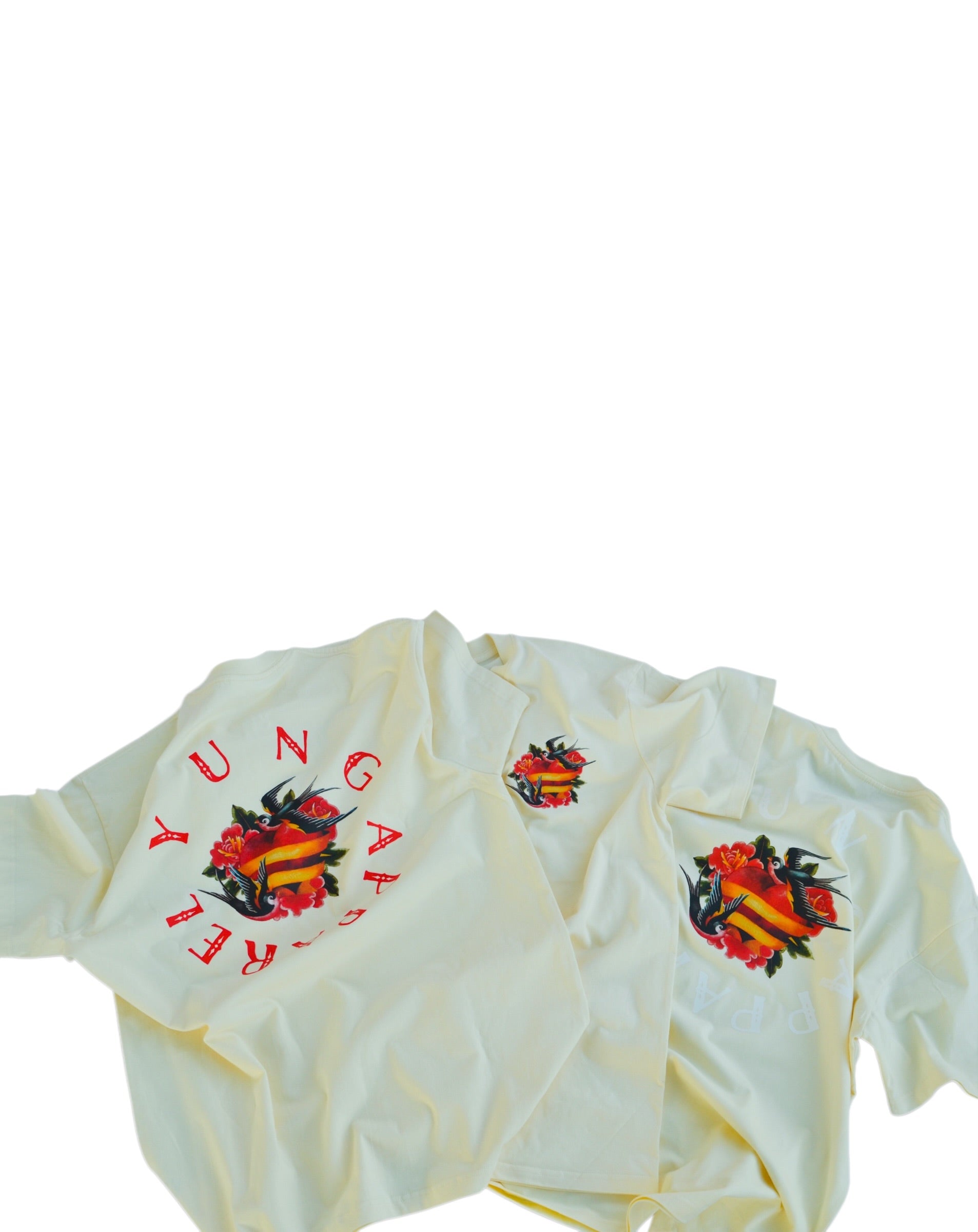 YUNG Love birds cream white shirt with red and black designs on a white background
Streetwear South Africa