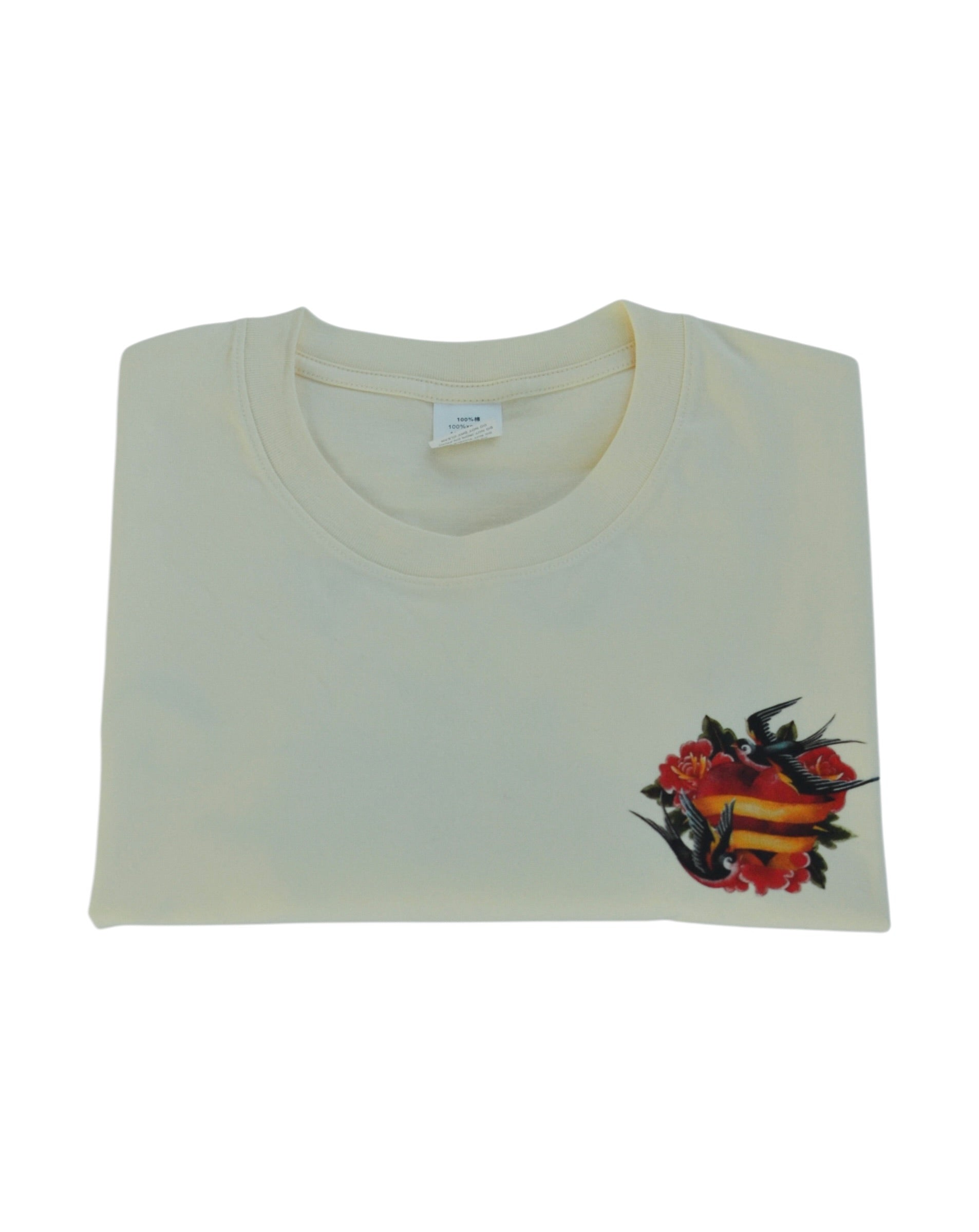 Folded YUNG Love Birds white t-shirt with a colorful graphic design on a white background
