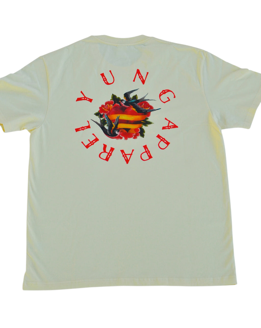 YUNG Love Birds Cream white t-shirt with red text and graphic on the back, displayed against a white background
Streetwear South Africa