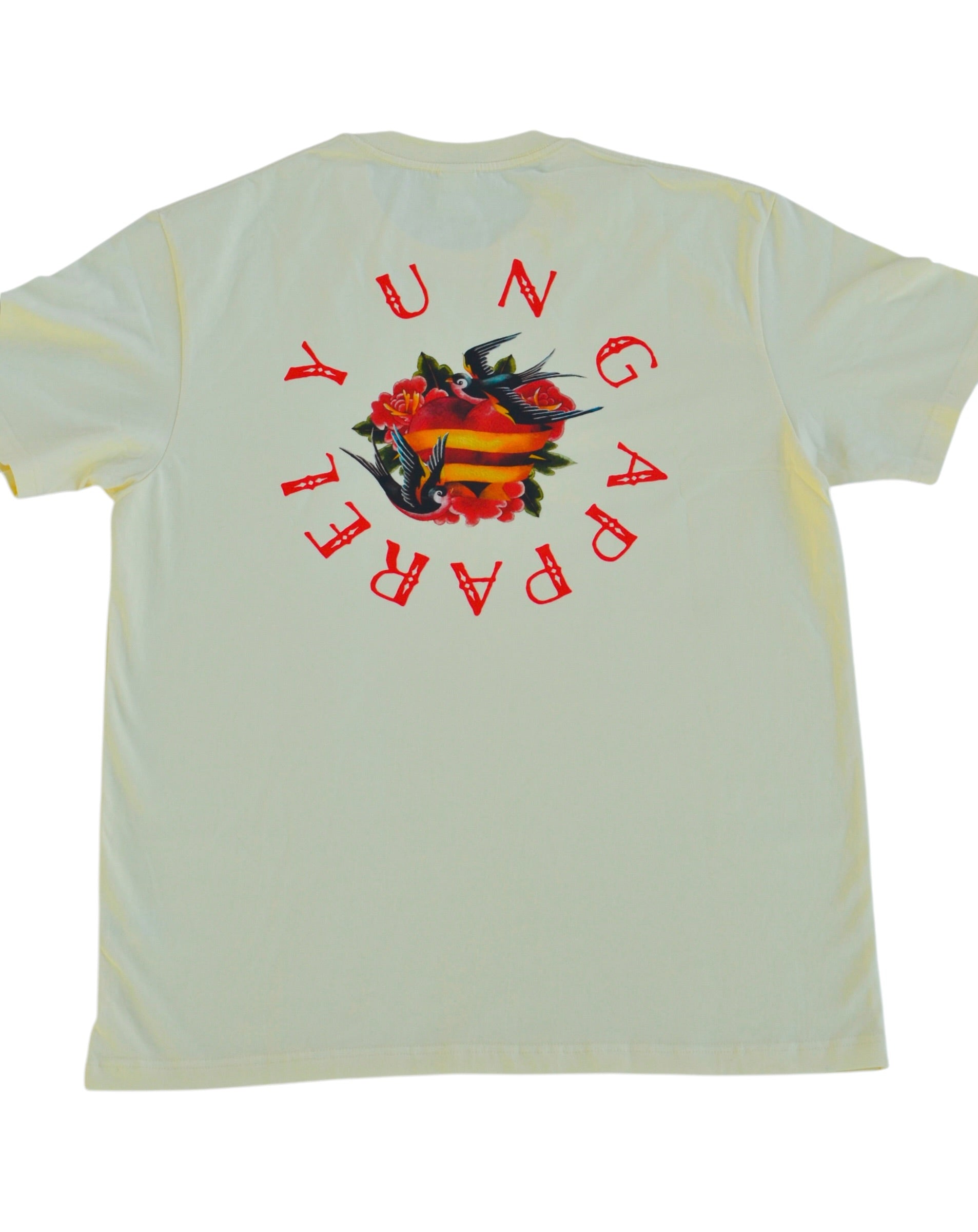 YUNG Love Birds Cream white t-shirt with red text and graphic on the back, displayed against a white background
Streetwear South Africa