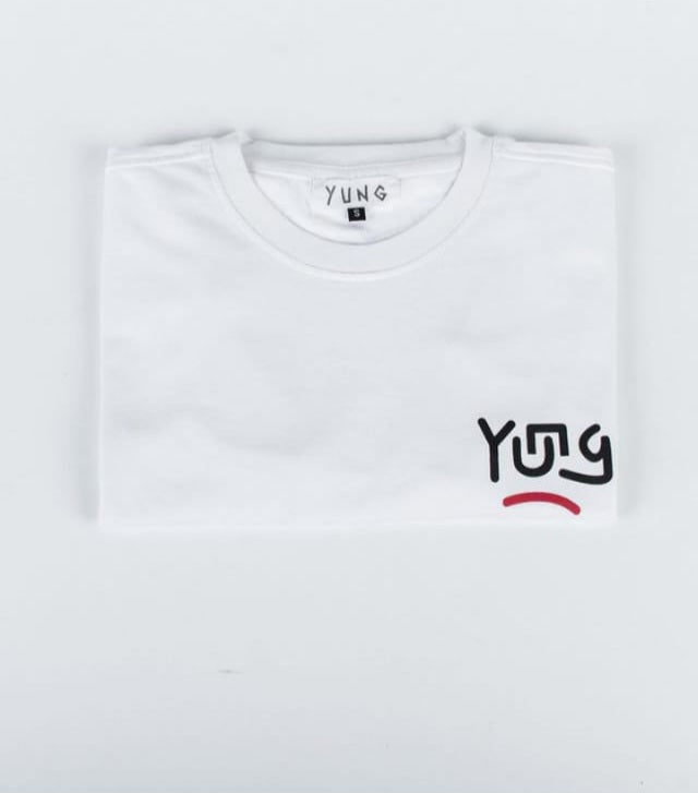 White t-shirt with 'YUNG' logo in front left chest on a light gray background
Streetwear South Africa