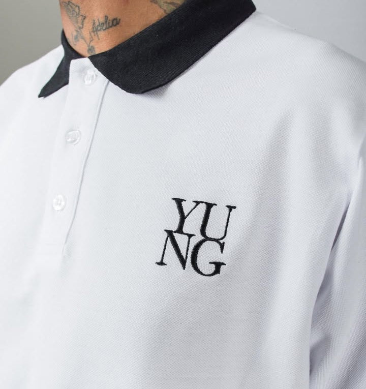 White golf shirt with 'YUNG' embroidery on front left chest
Streetwear South Africa