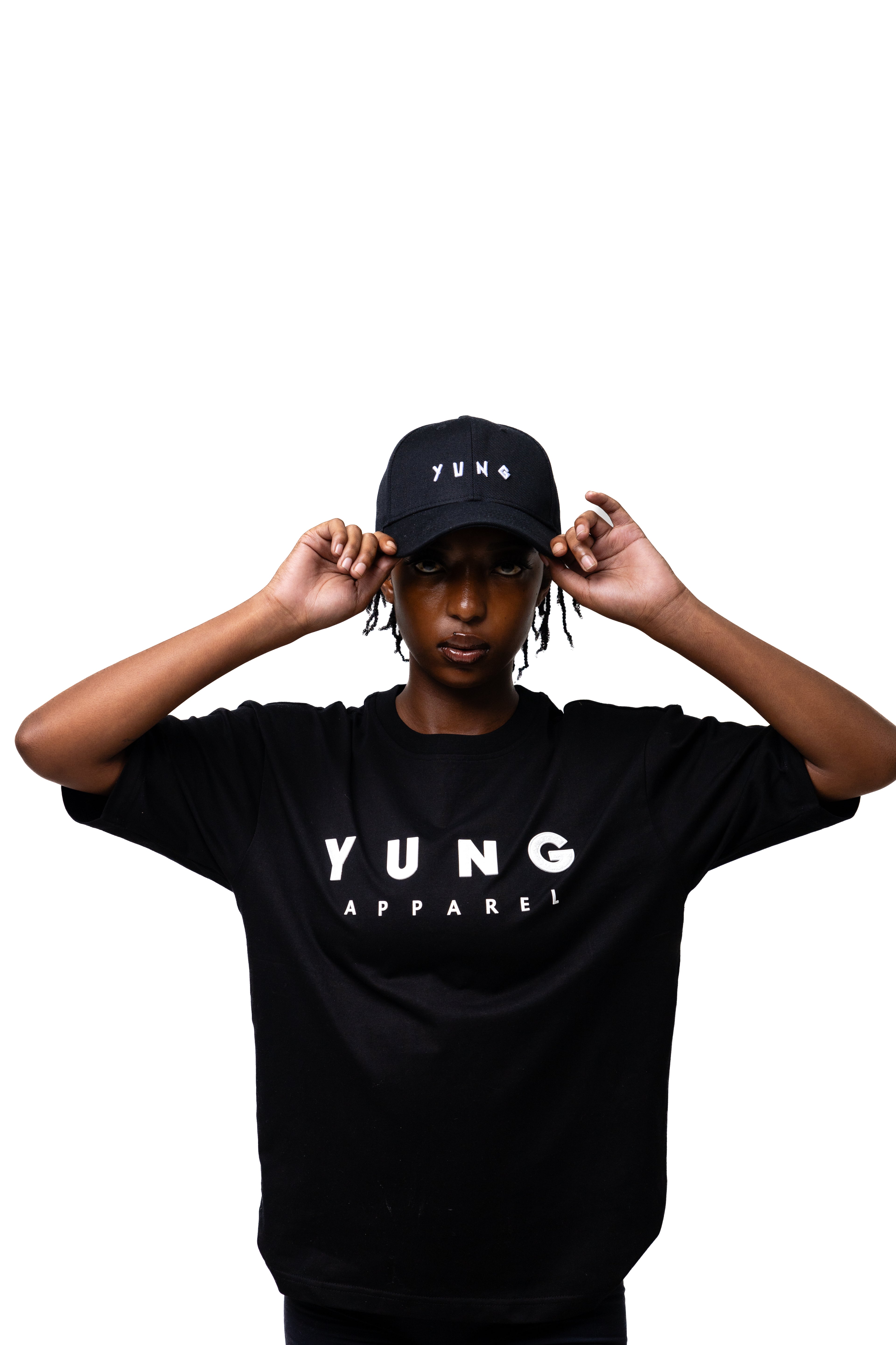 Person wearing a black 'YUNG APPAREL' t-shirt and cap on a white background
Streetwear South Africa