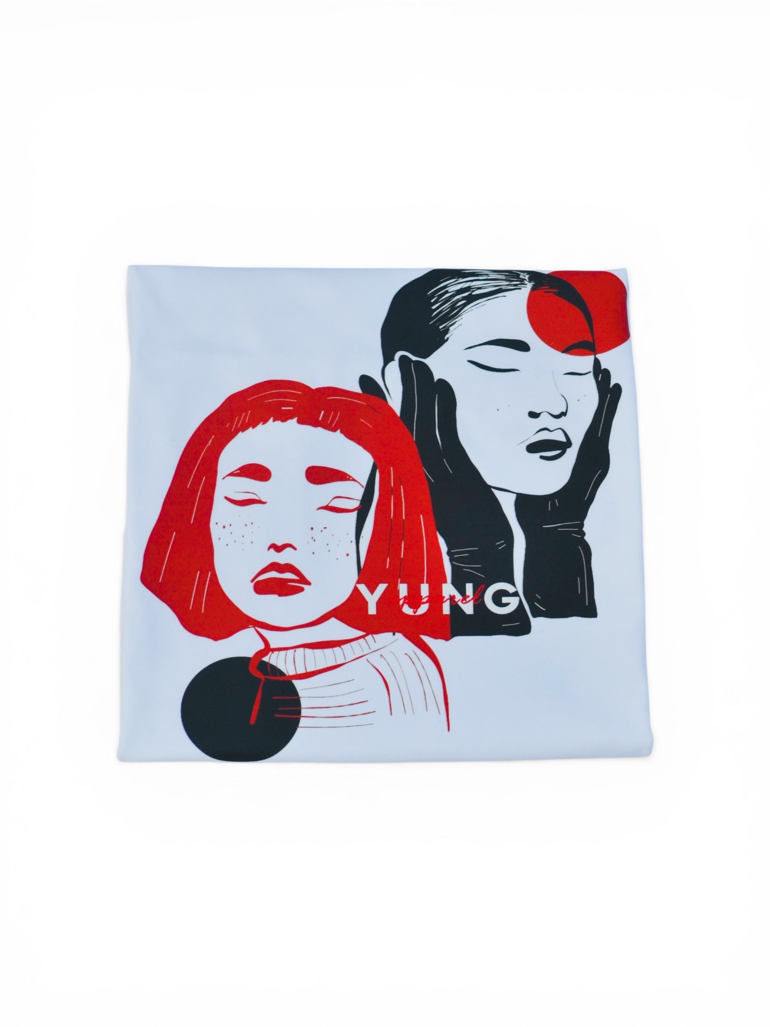 Folded T-shirt with illustrations of two faces and the word 'YUNG' on a light blue background
Streetwear South Africa
