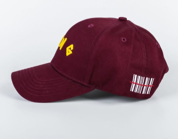 YUNG Maroon cap with yellow logo and barcode design on a white background
Streetwear South Africa