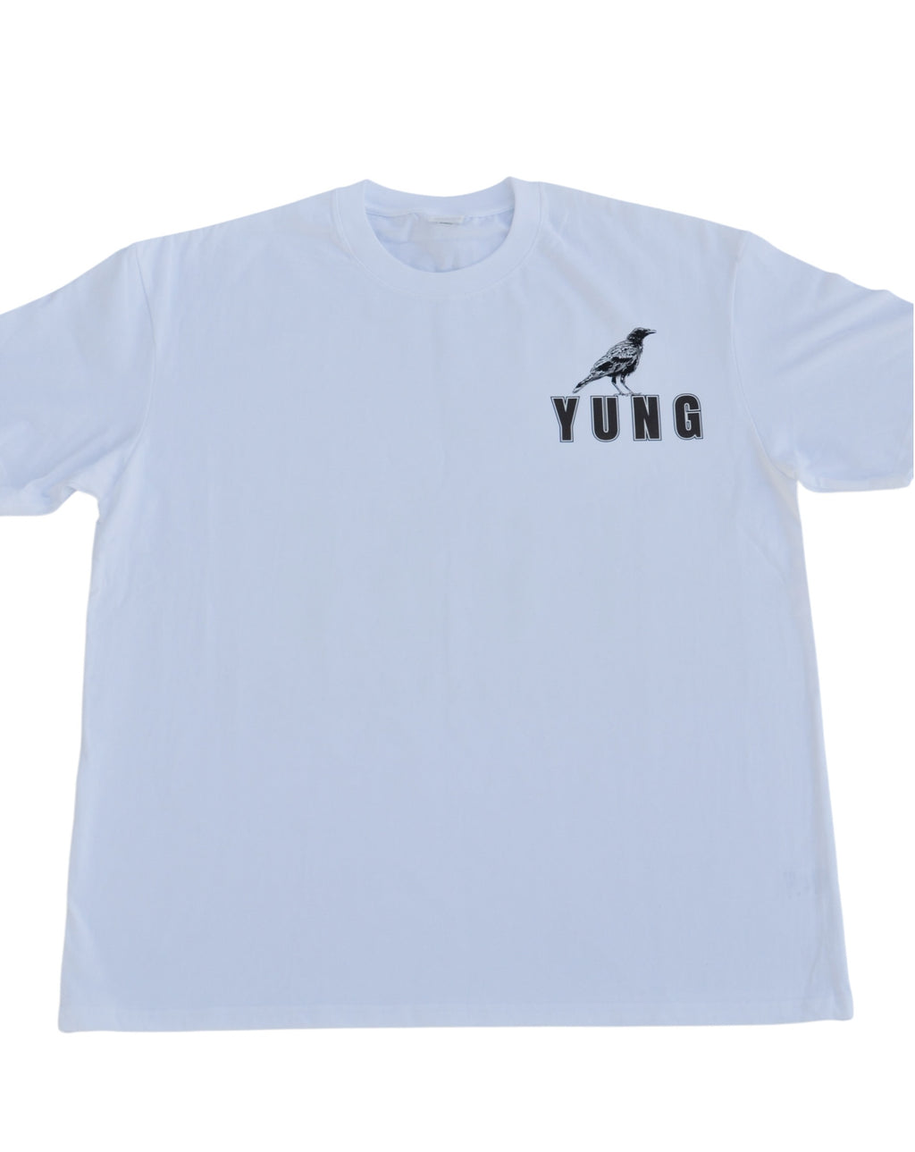 YUNG White t-shirt with a black bird and text on a white background
Streetwear South Africa