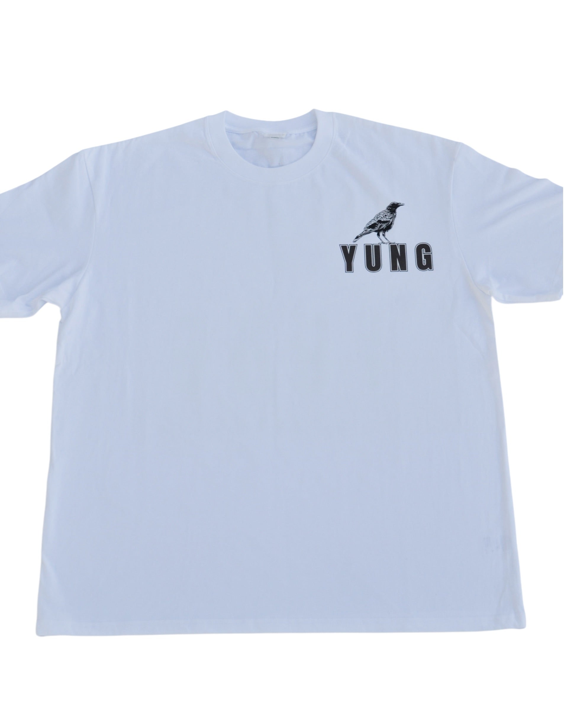 YUNG White t-shirt with a black bird and text on a white background
Streetwear South Africa