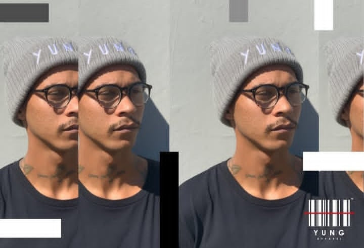 Person wearing a gray beanie with 'YUNG' branding, multiple views.
Streetwear South Africa