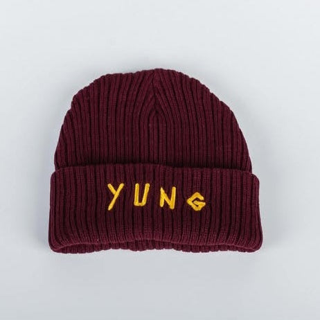 Maroon beanie with 'YUNG' in yellow on a white background
South African streetwear