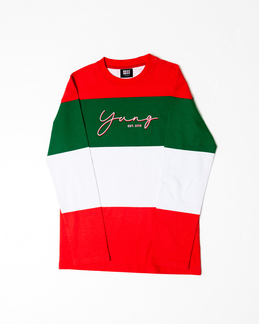 Color-blocked sweater with red, green, and white sections on a white background
Streetwear South Africa