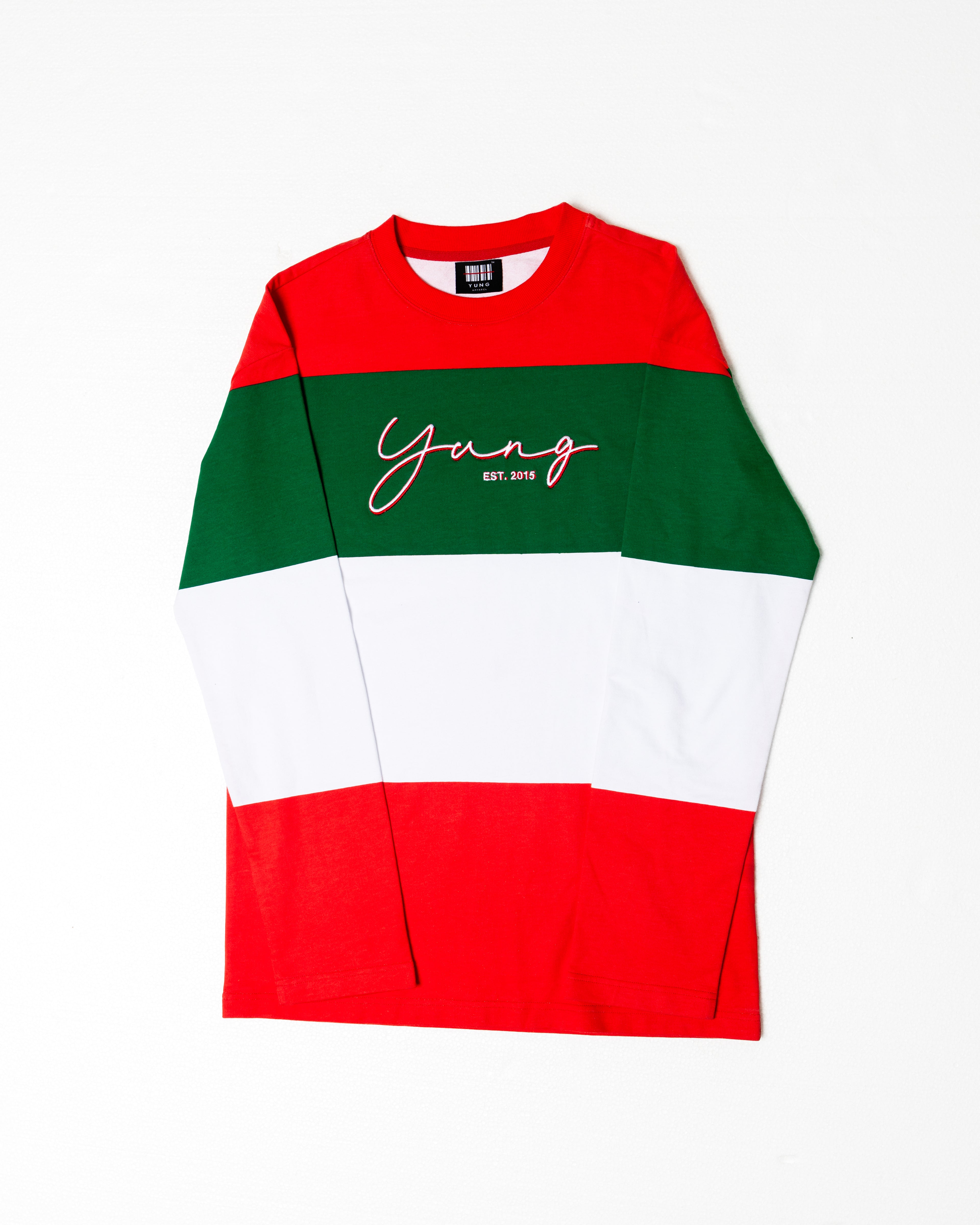 Color-blocked sweater with red, green, and white sections on a white background
Streetwear South Africa